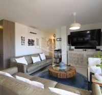 In the recreational apartment, there is a living room with a sofa, a television, and a floor with a wooden decor.