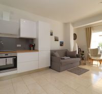 Bright interior of a holiday apartment with a kitchen, sofa, and outdoor terrace.
