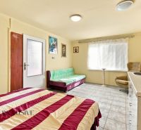 A room in a family house with a bed, a sofa, and a kitchenette, decorated with paintings.