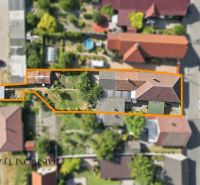 Aerial view of a family house in Veľký Meder with a garden.