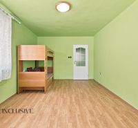 Green room with a bunk bed and wood-patterned flooring in a family house.