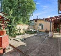 The courtyard of a family house in Veľký Meder with a swing, a well, and lush greenery.