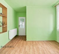 Green room in a family house with a wood-patterned floor and built-in shelves.