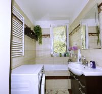 A bathroom with a shower, washing machine, and sink in a 4-room apartment.
