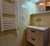 Bathroom with a sink, mirror, and ladder radiator in a 3-room apartment.