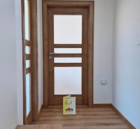 A hallway with a wooden decor floor in a 3-room apartment, wooden doors with frosted glass.