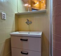A compact bathroom with a white sink and a mirrored cabinet in a 3-room apartment.