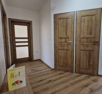 A hallway in a 3-room apartment with a wood-patterned floor and double doors.