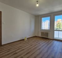 A room in a 3-room apartment with a wooden decor floor and wooden doors.