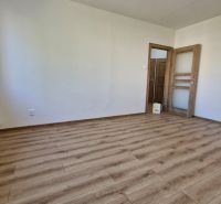 A room with a wooden decor floor, white walls, and doors in a 3-room apartment.