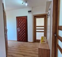 A hallway in a 3-room apartment with a wooden decor floor and built-in doors.