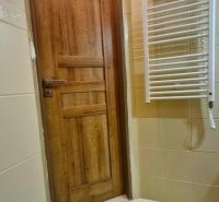 Bathroom interior in a 3-room apartment with wooden doors and a ladder radiator.