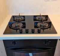 Kitchen with a gas stove and oven, 3-room apartment, floor with wooden decor.