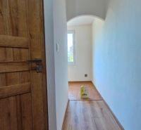 A narrow hallway with wooden doors and a floor with a wooden decor in a 3-room apartment.