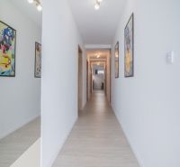 A hallway with light-colored walls and a wooden decor floor in a 4-room apartment.