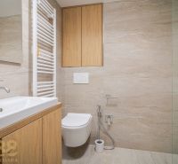 A bathroom in a 4-room apartment with wooden decor and modern sanitary equipment.