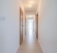 A bright hallway with a light wooden-patterned floor in a 4-room apartment.