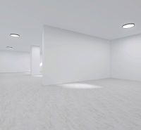 Spacious commercial spaces with white walls and wood-patterned flooring.