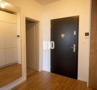 Entrance hall in a 3-room apartment with wood-patterned flooring, white cabinets, large mirror.