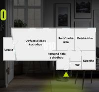 Floor plan of a 3-room apartment with a loggia, living room with kitchen, and entrance hall.
