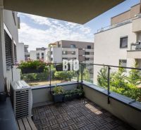 A balcony with a wooden decor floor and flowers in a 3-room apartment in Bratislava IV.