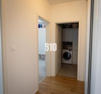 Hallway with a washing machine, wooden decor flooring, room doors, 3-room apartment.