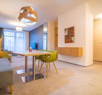 Bright living room with a dining table and carpeted floor in a holiday apartment.