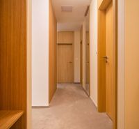 The hallway of a recreational apartment with wooden doors and a neutral carpet.