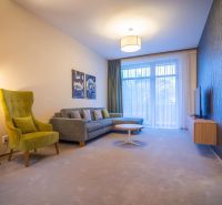 A stylish living area with a comfortable sofa set in the Holiday Apartment.