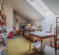 Organized storage space with shelves in gastro areas, with natural light through a skylight.