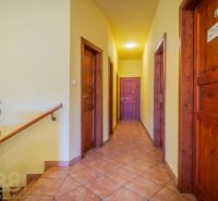 A corridor with multiple doors and a wooden decor floor in dining premises.