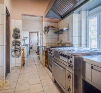 Professional kitchen with appliances and stainless steel surfaces in catering spaces.