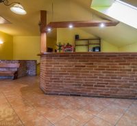 Brick bar counter in a gastro space with a wood-patterned floor and wooden elements.
