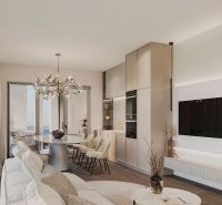Living room with wood-patterned flooring in a 4-room apartment, elegant lighting and furniture.