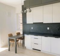 A kitchen in a 3-room apartment with a black countertop and table, and a floor with a wooden decor.