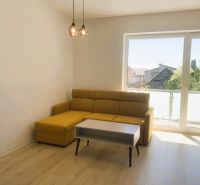 Living room with minimalist furnishings and a sofa in a three-room apartment.