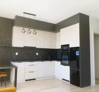 A kitchen in a 3-room apartment with modern black and white cabinets.