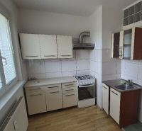 A kitchen in a one-room apartment with a wood-patterned floor and white cabinets.
