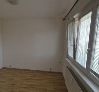A room in a one-room apartment with a wooden decor floor and large windows.
