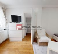 White living room with furniture, television, and wood-patterned flooring in a studio apartment.