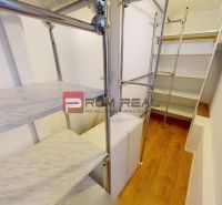 A wardrobe in a one-room apartment with metal shelves and a wooden decor floor.