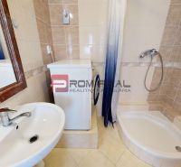 A bathroom in a studio apartment with a shower, sink, and washing machine.