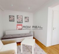 Living area of a studio apartment with a sofa, an armchair, and a wooden decor floor.
