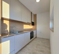 Kitchen in a 2-room apartment, white kitchen unit, floor with wood decor.