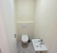 A toilet in a 2-room apartment with a fan and a small sink.
