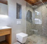 Bathroom in a recreational apartment with wooden decor and a shower with a glass partition.