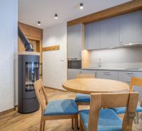 Recreational apartment with a fireplace, kitchen, and wooden decor flooring.