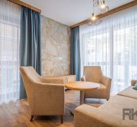 Interior of a holiday apartment with comfortable armchairs, a stone wall, and a wooden decor floor.