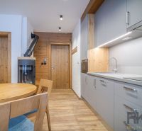 The kitchen of a recreational apartment with a modern kitchenette, dining table, and floor with a wood decor.