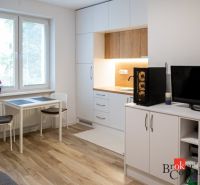 Studio apartment with a kitchenette, dining table, and wooden decor flooring.